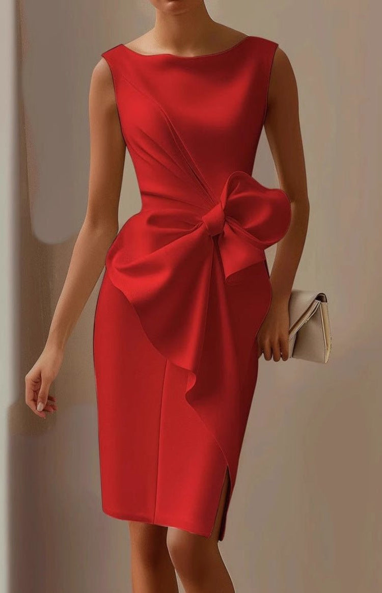 Elegante Cocktailjurk Dames Mouwloos met Gedrapeerd Detail en Grote Strik - Serena Lombardi