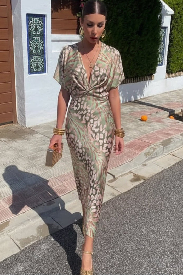 Maxi Jurk Dames met Bloemenprint, Diepe V-hals en Gerimpelde Taille - Valentina Rizzo