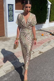 Maxi Jurk Dames met Bloemenprint, Diepe V-hals en Gerimpelde Taille - Valentina Rizzo