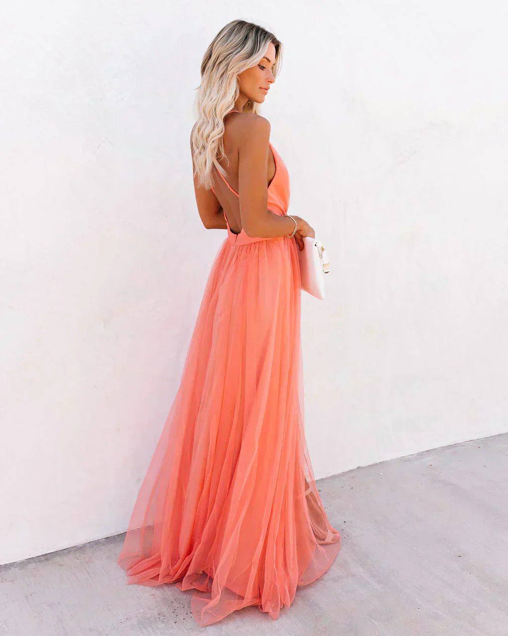 Coral | Elegante Maxi Jurk Dames met Open Rug - Stijlvol, Feestklaar en Vrouwelijk - Koraalroze
