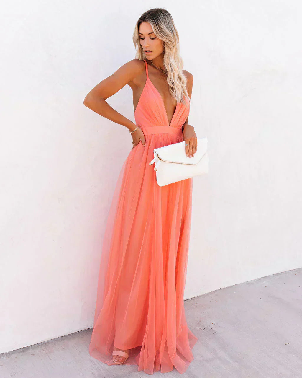 Coral | Elegante Maxi Jurk Dames met Open Rug - Stijlvol, Feestklaar en Vrouwelijk - Koraalroze