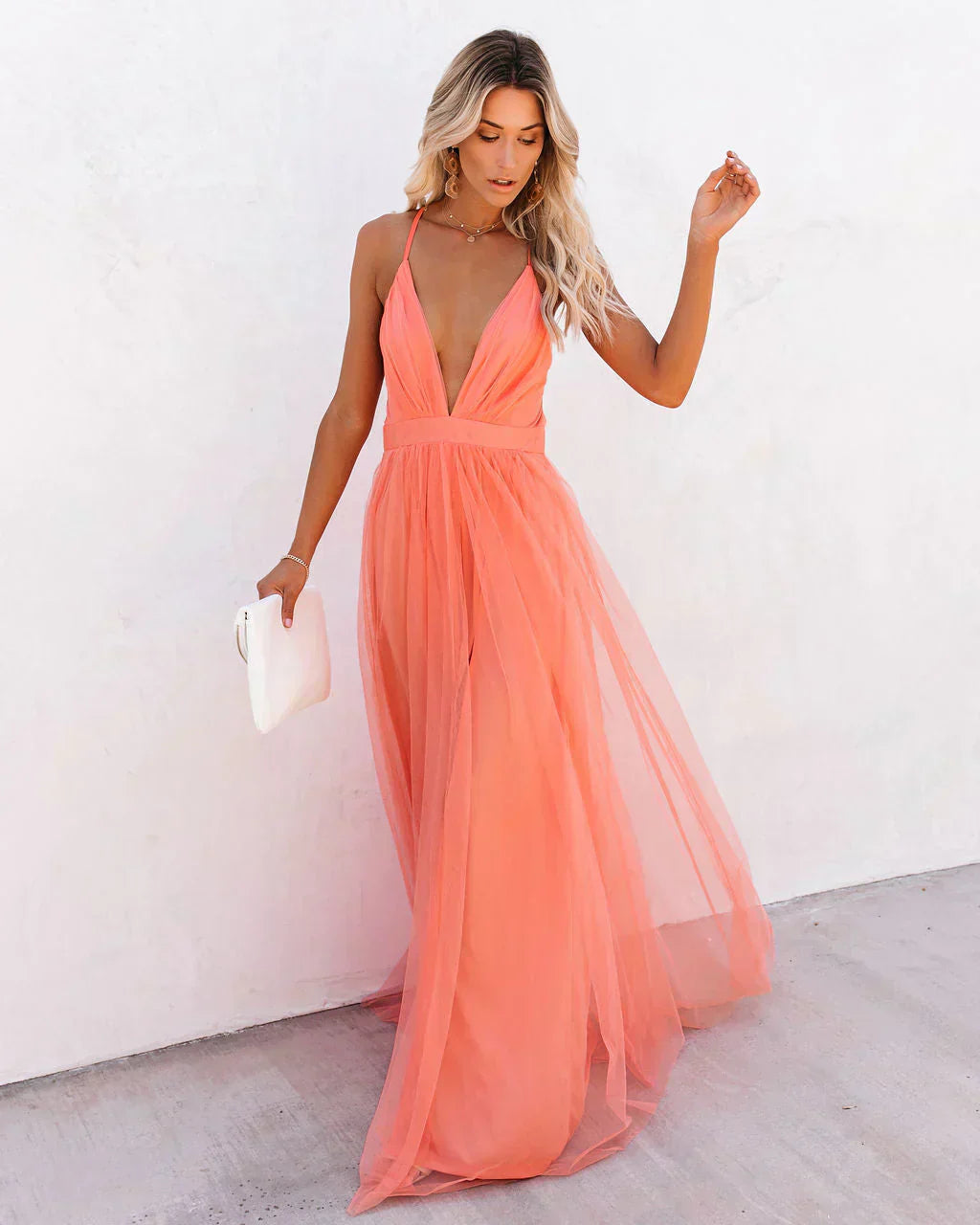 Coral | Elegante Maxi Jurk Dames met Open Rug - Stijlvol, Feestklaar en Vrouwelijk - Koraalroze
