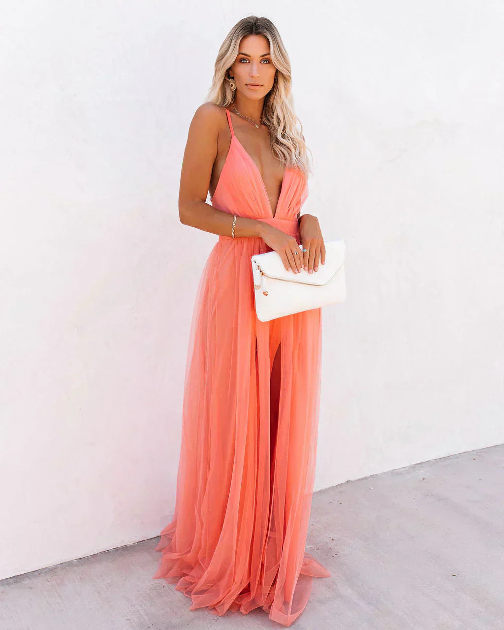 Coral | Elegante Maxi Jurk Dames met Open Rug - Stijlvol, Feestklaar en Vrouwelijk - Koraalroze