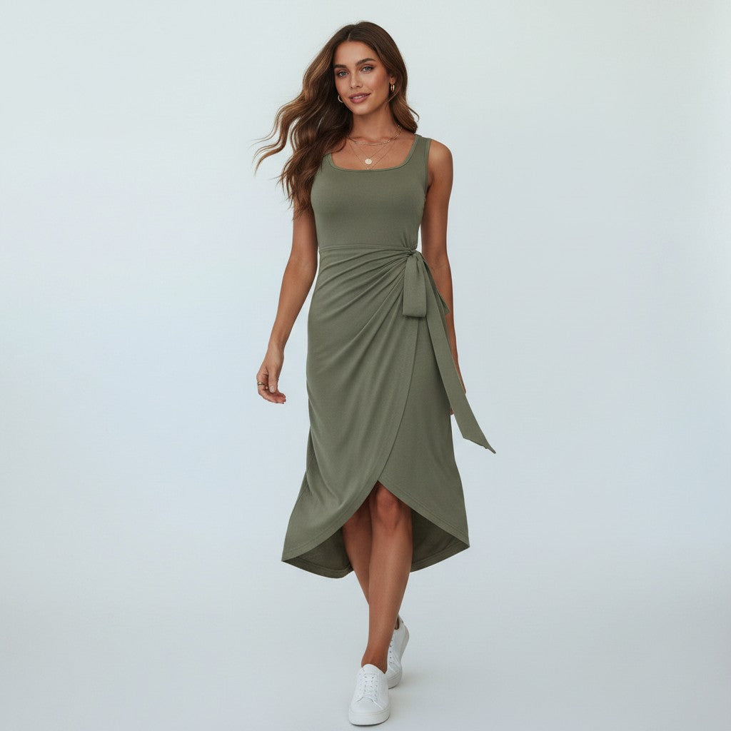 Wikkeljurk Dames Midi Mouwloos met Knoop aan de Zijkant - Groen / Zwart / Rood - Maelen