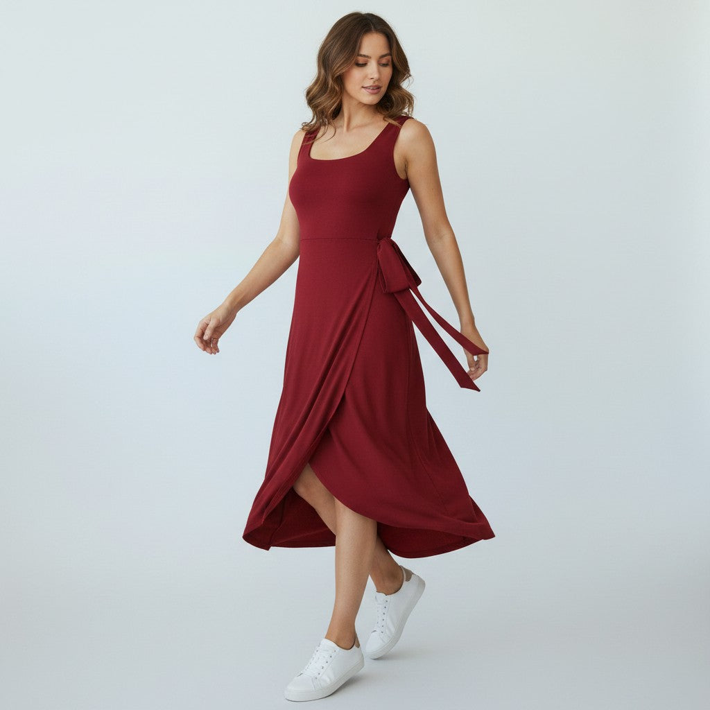Wikkeljurk Dames Midi Mouwloos met Knoop aan de Zijkant - Groen / Zwart / Rood - Maelen