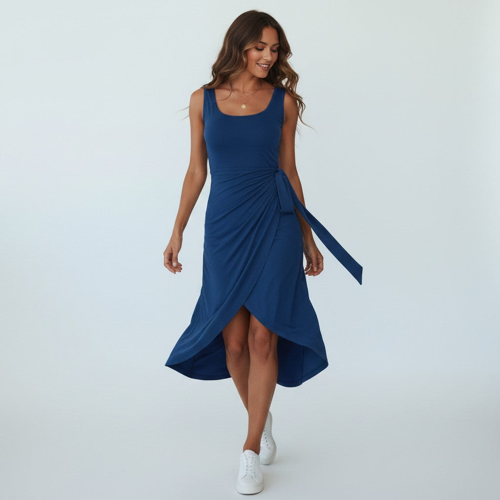 Wikkeljurk Dames Midi Mouwloos met Knoop aan de Zijkant - Groen / Zwart / Rood - Maelen
