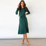 Gebreide Jurk Dames Midi met Ceintuur en Lange Mouwen - Beige / Groen / Grijs - Maelen