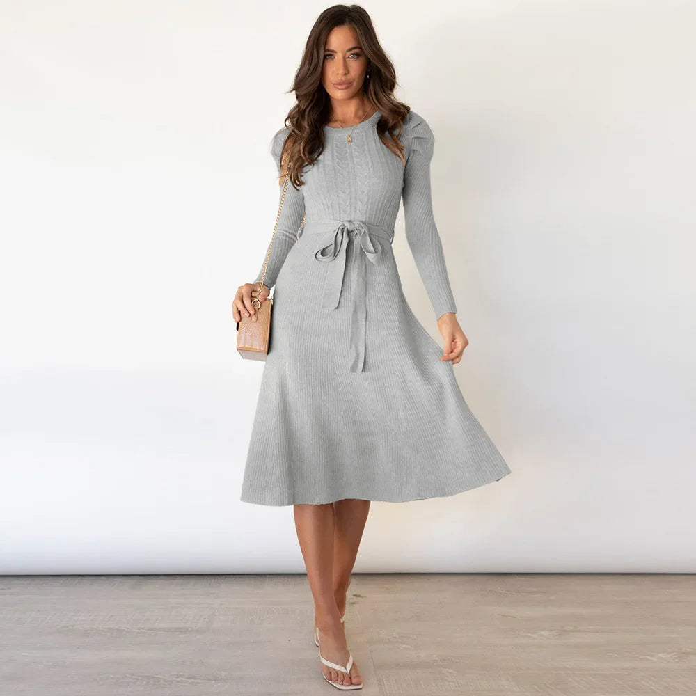 Gebreide Jurk Dames Midi met Ceintuur en Lange Mouwen - Beige / Groen / Grijs - Maelen