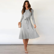 Gebreide Jurk Dames Midi met Ceintuur en Lange Mouwen - Beige / Groen / Grijs - Maelen