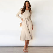 Gebreide Jurk Dames Midi met Ceintuur en Lange Mouwen - Beige / Groen / Grijs - Maelen