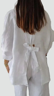 Losse Damesshirt van Linnen, Oversized met Diepe V-hals, Ideaal voor de Zomer en Dagelijks Gebruik - Wit/Zwart/Geel