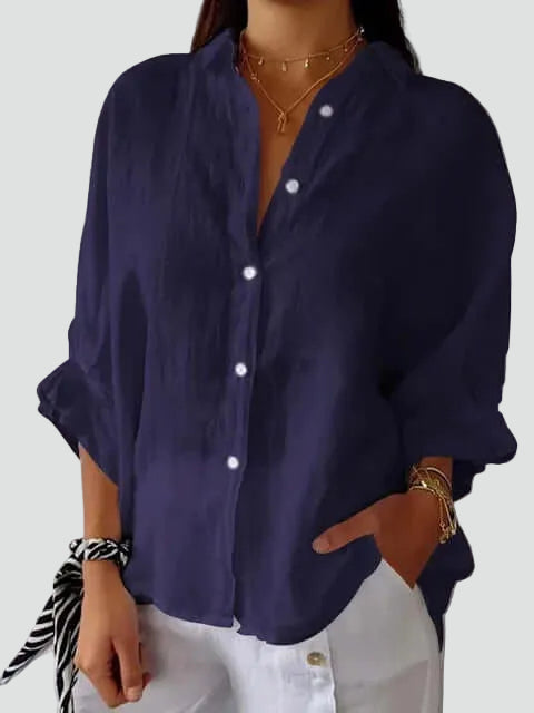 Losse Damesshirt van Linnen, Oversized met Diepe V-hals, Ideaal voor de Zomer en Dagelijks Gebruik - Wit/Zwart/Geel