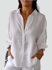 Losse Damesshirt van Linnen, Oversized met Diepe V-hals, Ideaal voor de Zomer en Dagelijks Gebruik - Wit/Zwart/Geel