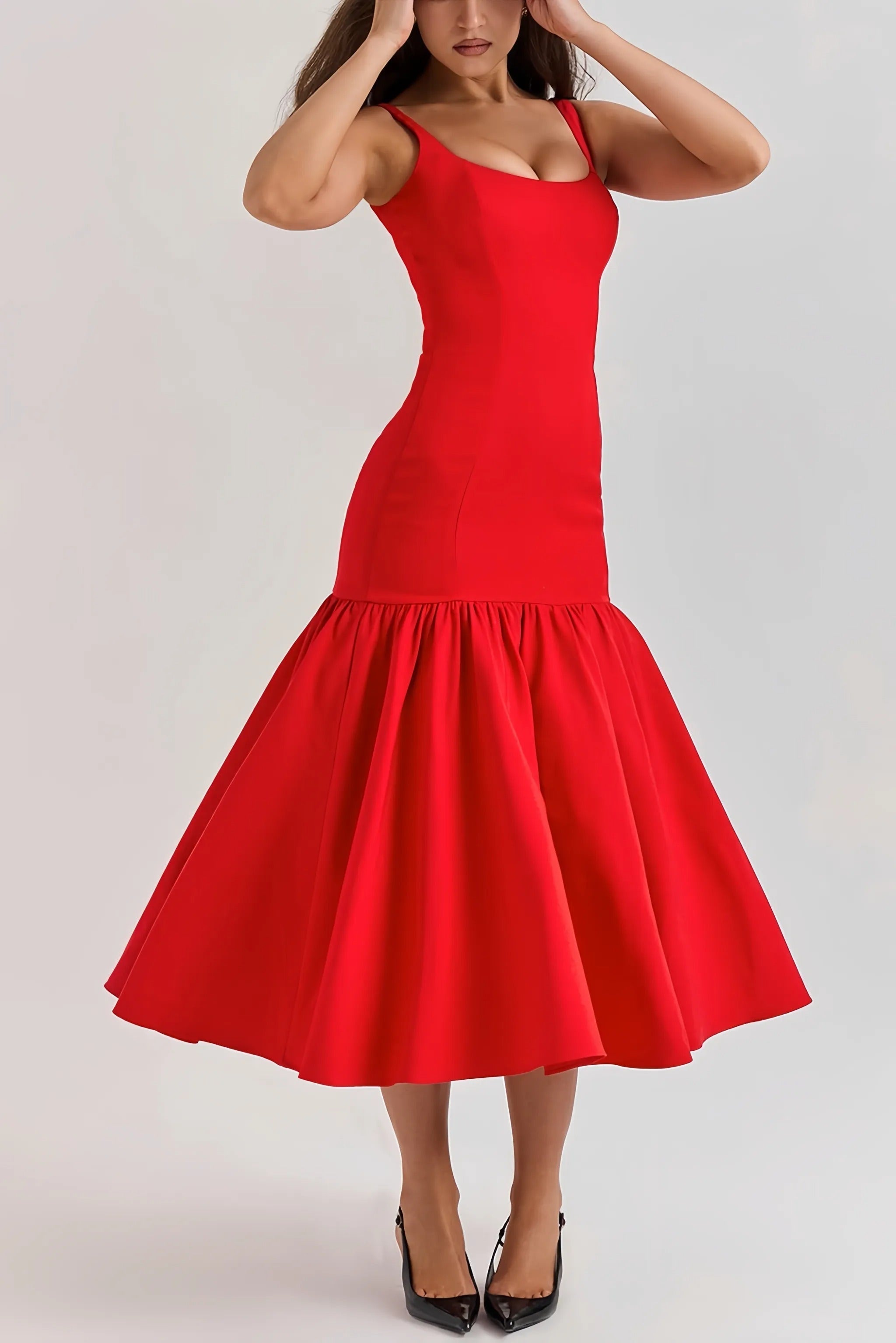 Midi Jurk Dames Rood met Ruches en Spaghettibandjes - Rood - Maelen