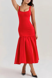Midi Jurk Dames Rood met Ruches en Spaghettibandjes - Rood - Maelen