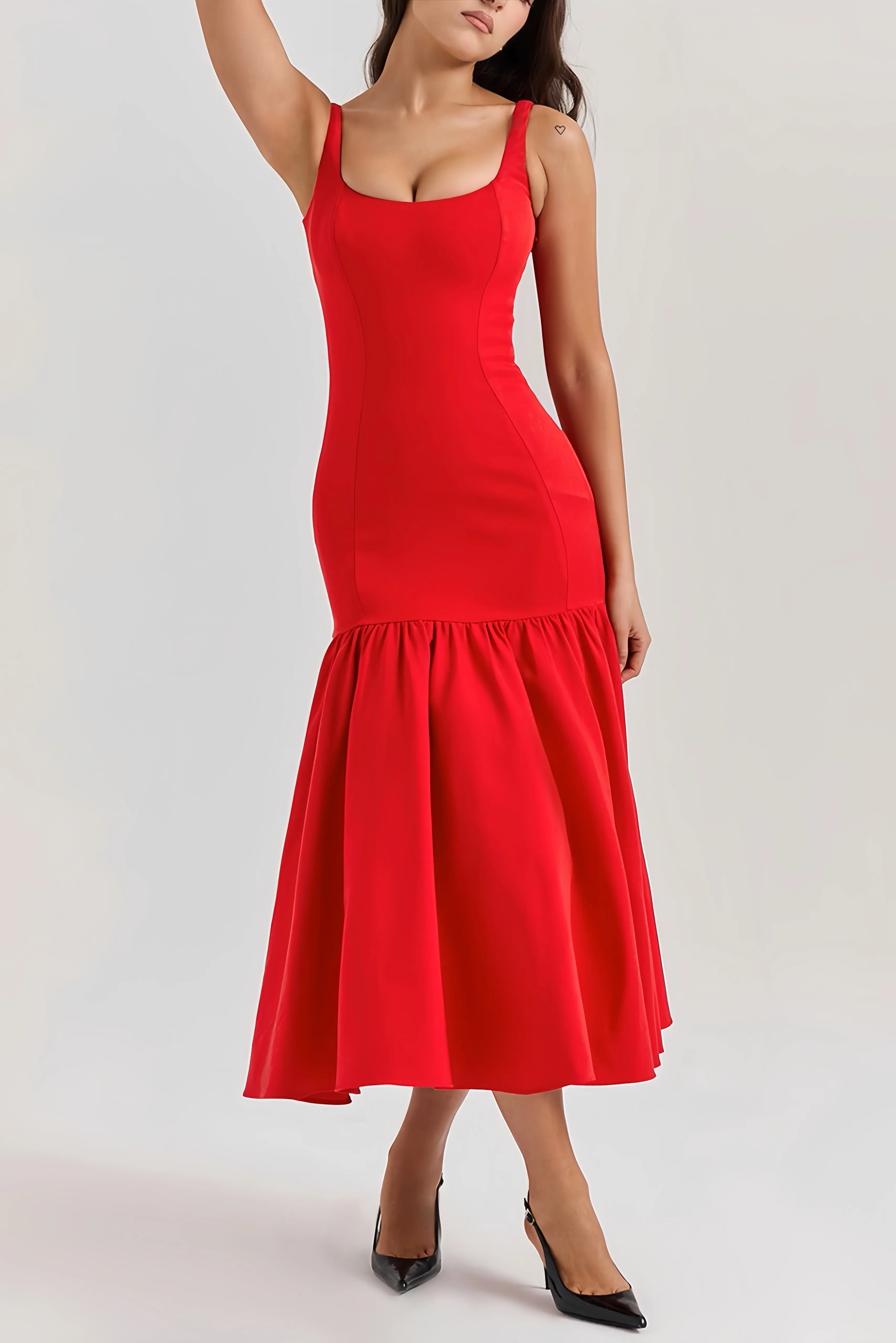 Midi Jurk Dames Rood met Ruches en Spaghettibandjes - Rood - Maelen