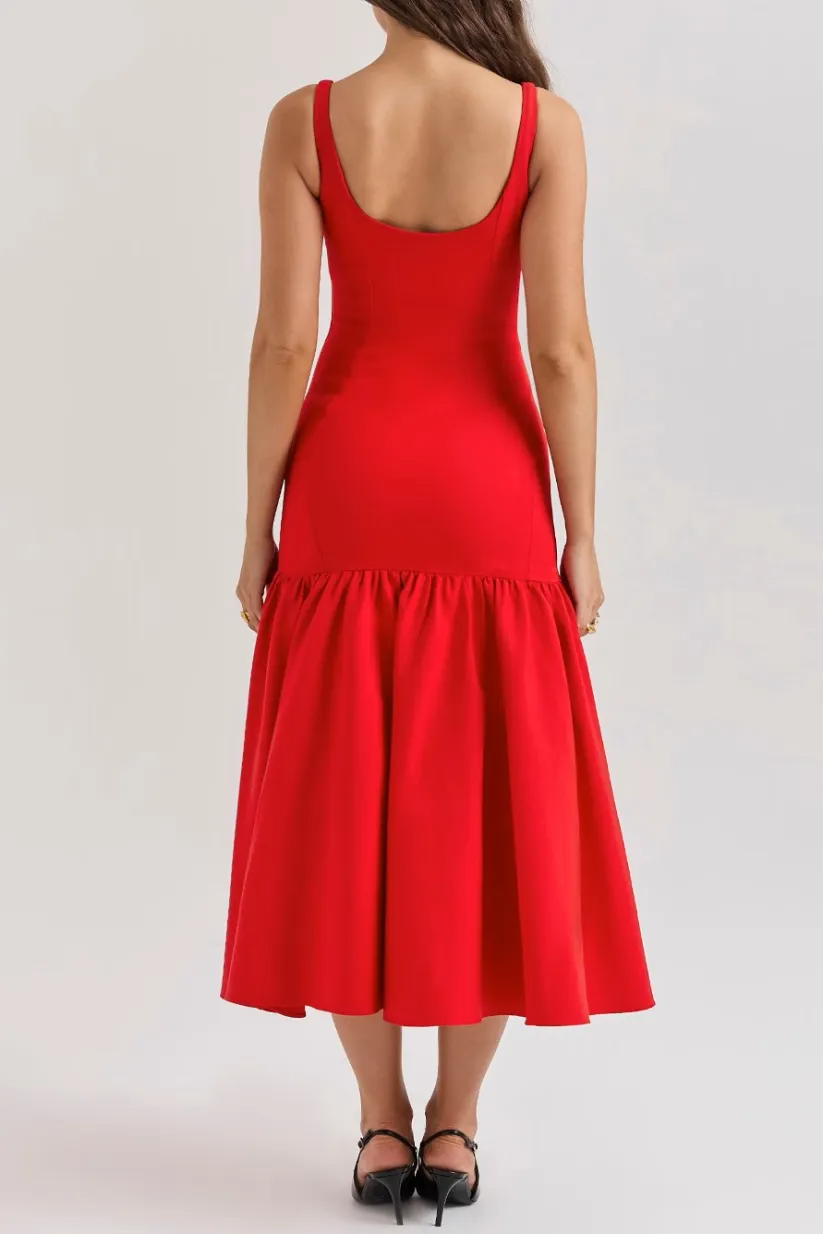 Midi Jurk Dames Rood met Ruches en Spaghettibandjes - Rood - Maelen