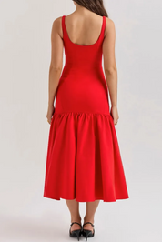 Midi Jurk Dames Rood met Ruches en Spaghettibandjes - Rood - Maelen