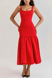 Midi Jurk Dames Rood met Ruches en Spaghettibandjes - Rood - Maelen