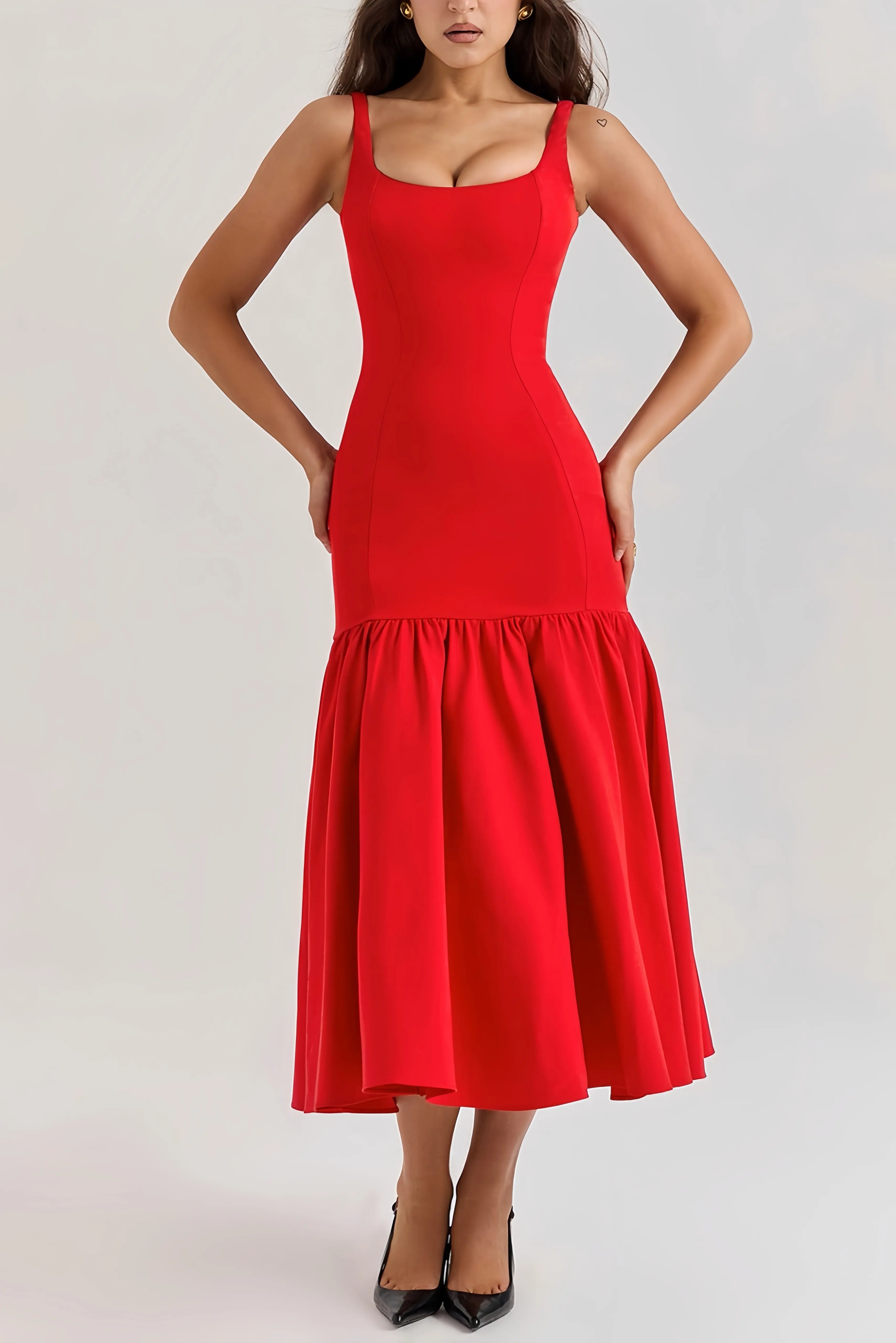 Midi Jurk Dames Rood met Ruches en Spaghettibandjes - Rood - Maelen