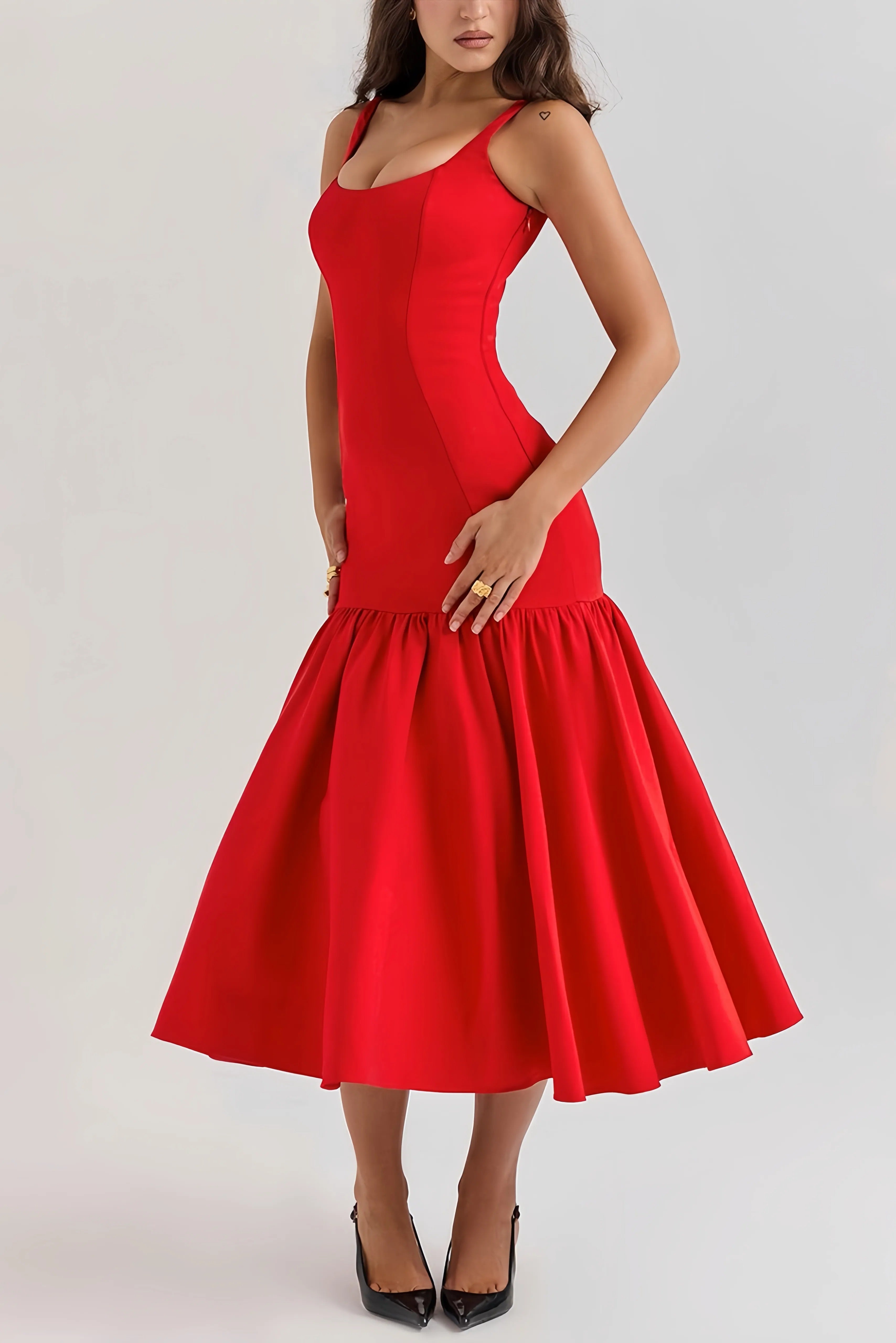 Midi Jurk Dames Rood met Ruches en Spaghettibandjes - Rood - Maelen