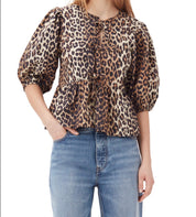 Bella Top | Leopard Print Top met Pofmouwen en Enkelvoudige Knoopsluiting