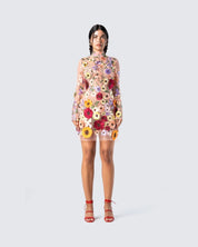 Fiorella Jurk | Bodycon Damesjurk met 3D Bloemenprint en Lange Mouwen