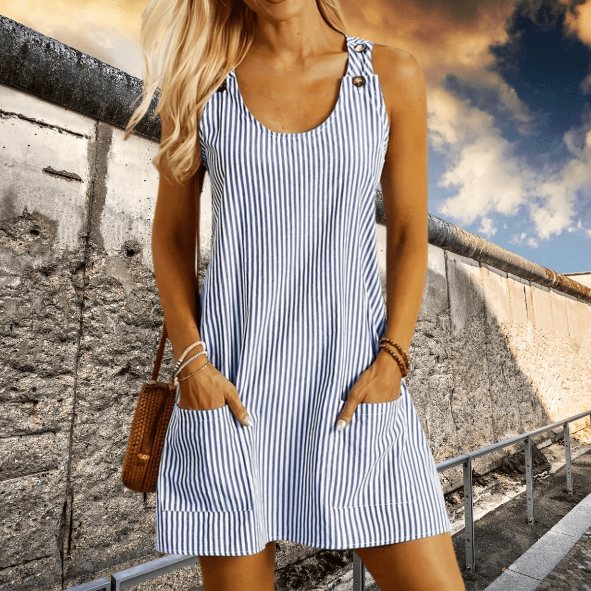 Dames Gestreepte Strandjurk Korte Mouwen A-lijn Casual Zomer - Blauw / Beige / Rood - Maelen