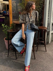 Bella Top | Leopard Print Top met Pofmouwen en Enkelvoudige Knoopsluiting