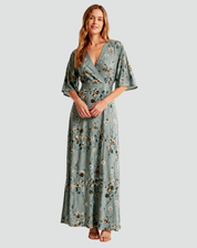 Elegante Maxi Jurk voor Dames met Bloemen en V-hals Gala, Split en Zakken - Groen/Rood