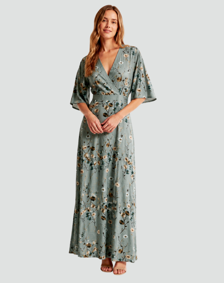 Elegante Maxi Jurk voor Dames met Bloemen en V-hals Gala, Split en Zakken - Groen/Rood