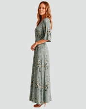 Elegante Maxi Jurk voor Dames met Bloemen en V-hals Gala, Split en Zakken - Groen/Rood