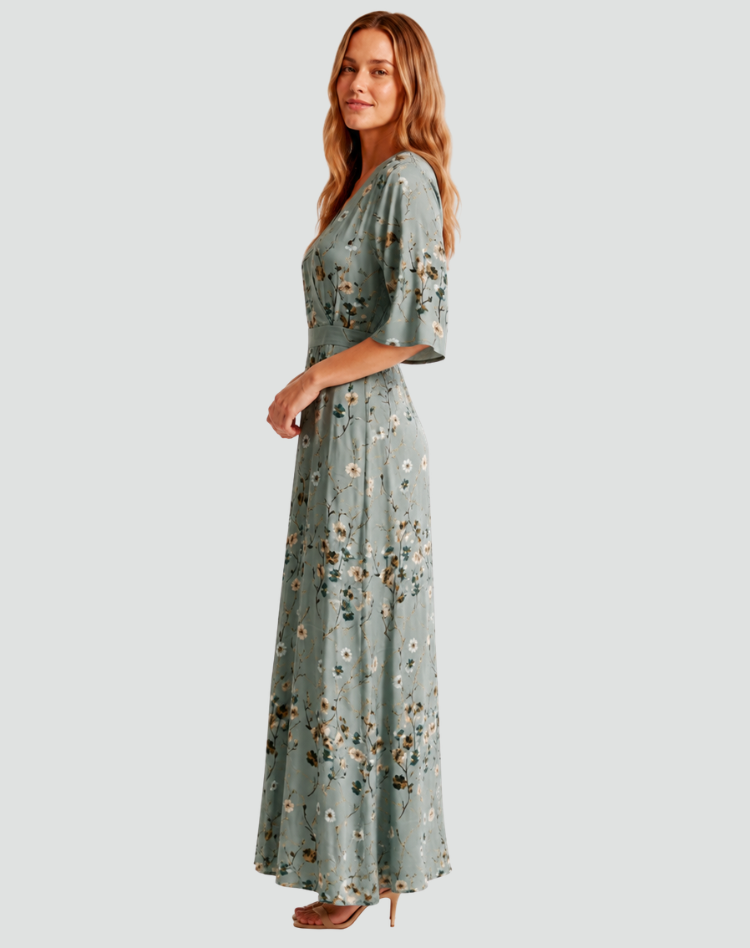 Elegante Maxi Jurk voor Dames met Bloemen en V-hals Gala, Split en Zakken - Groen/Rood