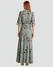 Elegante Maxi Jurk voor Dames met Bloemen en V-hals Gala, Split en Zakken - Groen/Rood