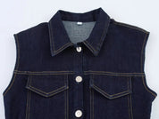 Denim Mini Jurk Dames Mouwloos met Knoopjes en Borstzakken - Donkerblauw - Maelen