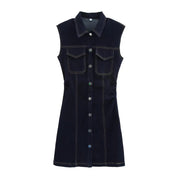 Denim Mini Jurk Dames Mouwloos met Knoopjes en Borstzakken - Donkerblauw - Maelen