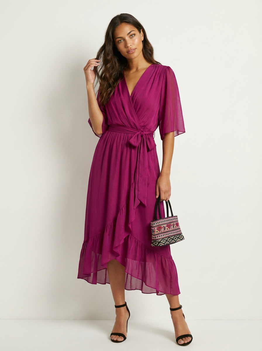 Flowy Midi Wikkeljurk Elin met Ceintuur, V-hals en Zwierige Mouwen - Zwart/Rood/Marineblauw