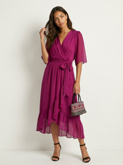 Flowy Midi Wikkeljurk Elin met Ceintuur, V-hals en Zwierige Mouwen - Zwart/Rood/Marineblauw
