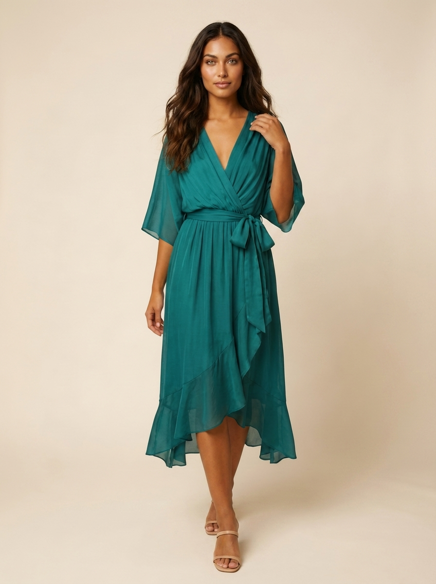 Flowy Midi Wikkeljurk Elin met Ceintuur, V-hals en Zwierige Mouwen - Zwart/Rood/Marineblauw