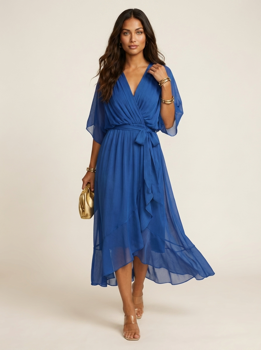 Flowy Midi Wikkeljurk Elin met Ceintuur, V-hals en Zwierige Mouwen - Zwart/Rood/Marineblauw