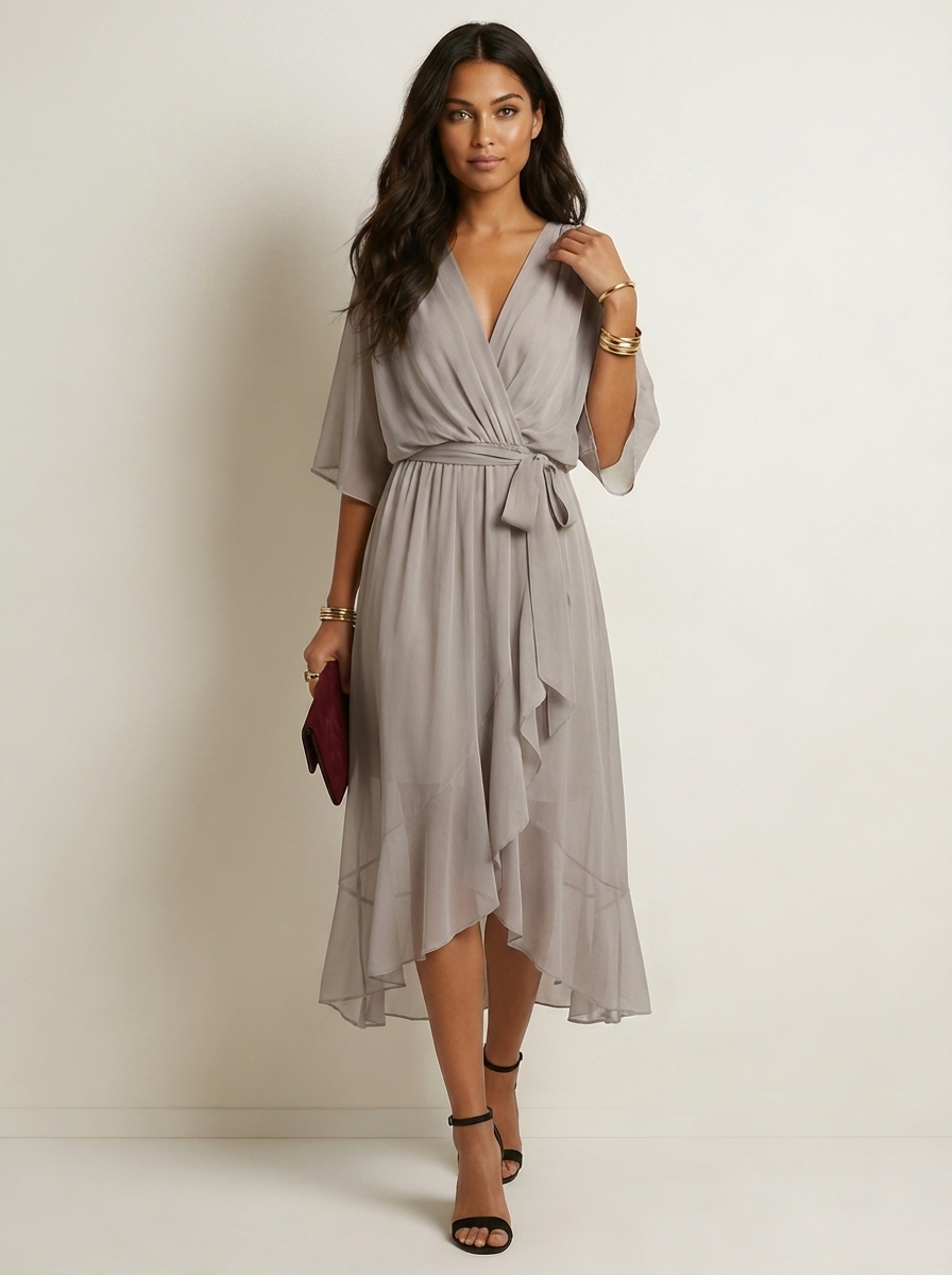 Flowy Midi Wikkeljurk Elin met Ceintuur, V-hals en Zwierige Mouwen - Zwart/Rood/Marineblauw