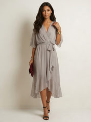 Flowy Midi Wikkeljurk Elin met Ceintuur, V-hals en Zwierige Mouwen - Zwart/Rood/Marineblauw