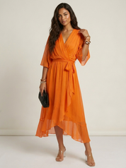 Flowy Midi Wikkeljurk Elin met Ceintuur, V-hals en Zwierige Mouwen - Zwart/Rood/Marineblauw