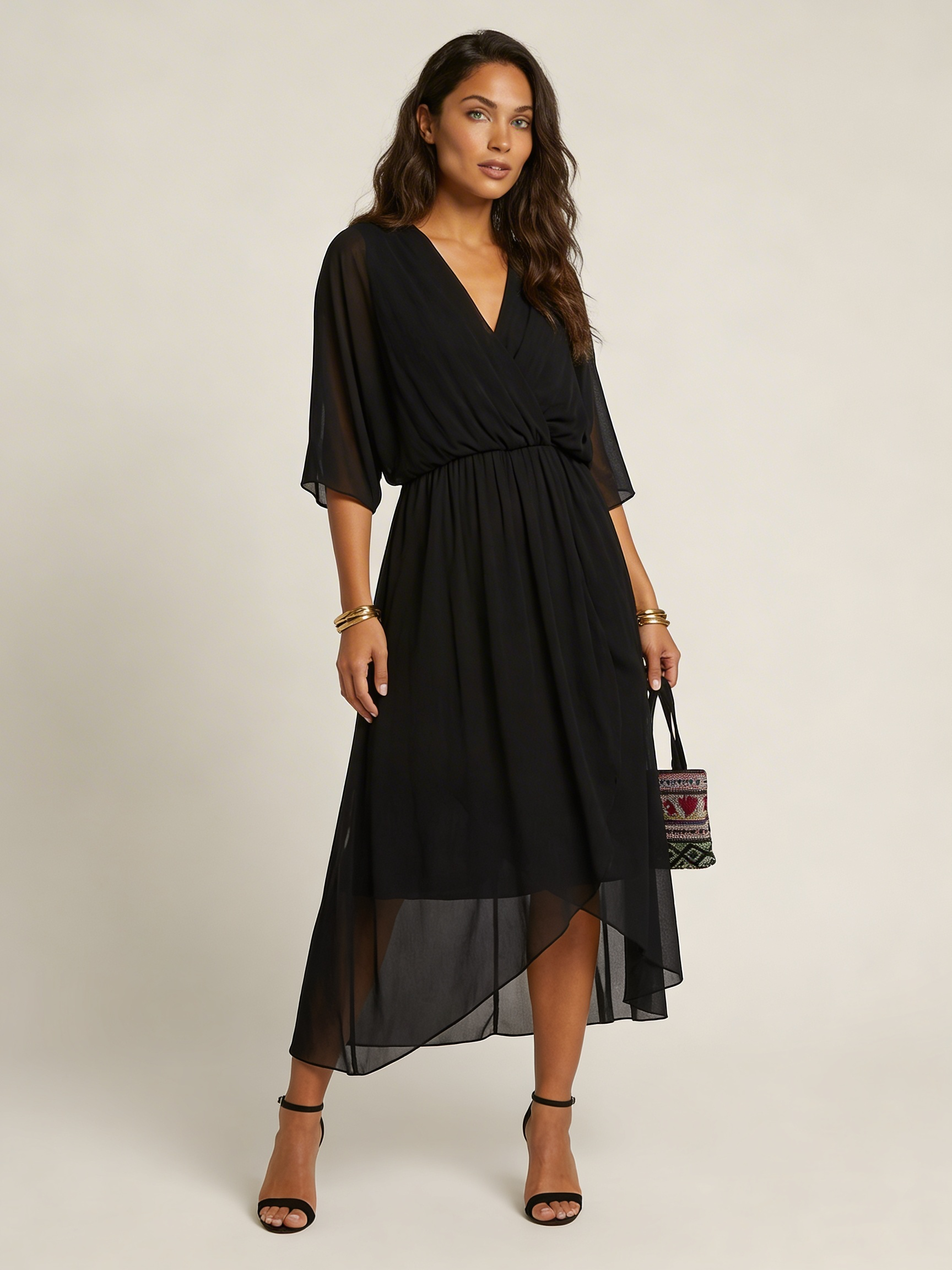Flowy Midi Wikkeljurk Elin met Ceintuur, V-hals en Zwierige Mouwen - Zwart/Rood/Marineblauw