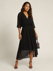Flowy Midi Wikkeljurk Elin met Ceintuur, V-hals en Zwierige Mouwen - Zwart/Rood/Marineblauw