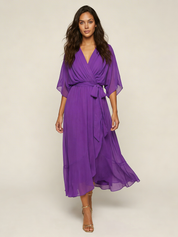 Flowy Midi Wikkeljurk Elin met Ceintuur, V-hals en Zwierige Mouwen - Zwart/Rood/Marineblauw