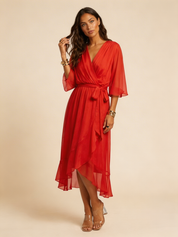 Flowy Midi Wikkeljurk Elin met Ceintuur, V-hals en Zwierige Mouwen - Zwart/Rood/Marineblauw