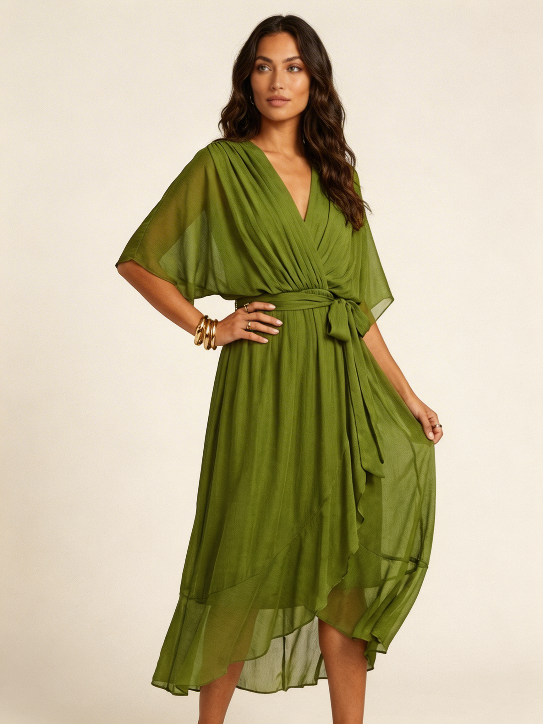 Flowy Midi Wikkeljurk Elin met Ceintuur, V-hals en Zwierige Mouwen - Zwart/Rood/Marineblauw