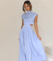 Polina Lange Mock Neck Jurk Dames met Cut-out Detail, Mouwloos en Zakken - Zwart/Roze/Lichtblauw