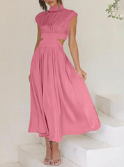 Polina Lange Mock Neck Jurk Dames met Cut-out Detail, Mouwloos en Zakken - Zwart/Roze/Lichtblauw
